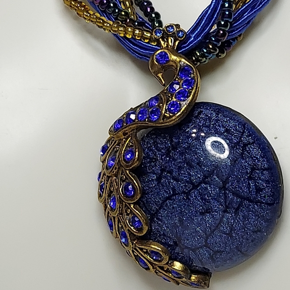 Blue Peacock Pendant on braided beads 18 in - Picture 2 of 7
